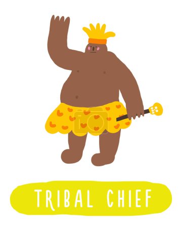 Learn jungle forest flashcard. Learning English words for kids. Cute hand drawn doodle educational card with tribal chief. Preschool rain forest, wild nature learning material