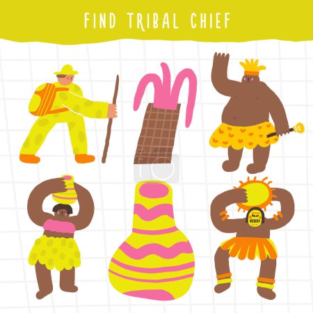 Learn jungle forest tribe game for kids. Cute hand drawn doodle funny rain forest puzzle with tribe people, chief, shaman, woman, explorer. Educational worksheet, mind task, riddle, strategy quiz