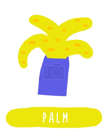 Learn jungle forest flashcard. Learning English words for kids. Cute hand drawn doodle educational card with palm tree. Preschool rain forest, wild nature learning material