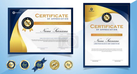 Téléchargez les illustrations : Modèle élégant de certificat de diplôme bleu et or avec badges. vecteur eps 10 - en licence libre de droit