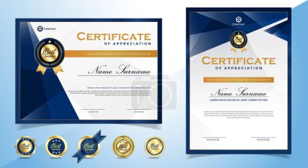 Téléchargez les photos : Modèle élégant de certificat de diplôme bleu et or avec badges. vecteur eps 10 - en image libre de droit