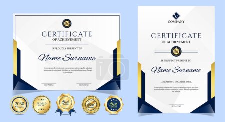 Illustration for Certificate of appreciation template, gold and blue color. Clean modern certificate with gold badge. Certificate border template with luxury and modern line pattern. Diploma vector template - Royalty Free Image