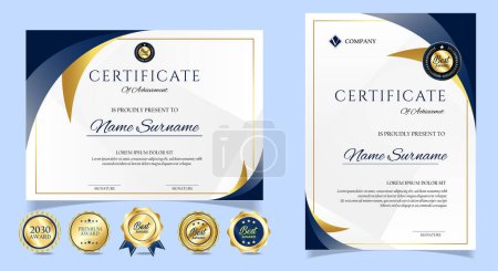 Photo for Certificate of appreciation template, gold and blue color. Clean modern certificate with gold badge. Certificate border template with luxury and modern line pattern. Diploma vector template - Royalty Free Image