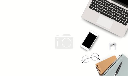 Téléchargez les photos : Espace de travail minimal design plat créatif de bureau Workspace bureau avec ordinateur portable, smartphone, livres, lunettes et écouteurs sur fond blanc. EPS vectoriel 10 - en image libre de droit