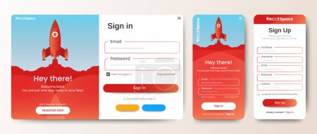Photo for Login and Registration form templates with red color design. Mobile Sign Up and Sign In page. Professional web design, full set of elements. User-friendly design materials. - Royalty Free Image