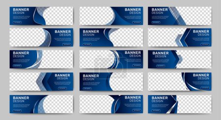 Photo for Big set of blue horizontal business banner templates. Modern technology design, abstract background layout with photos. Editable Vector collection corporate banner. - Royalty Free Image