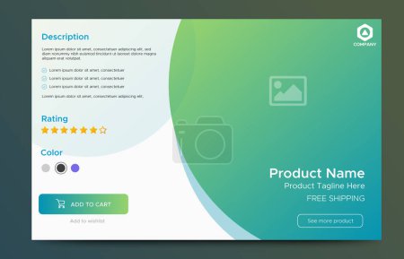 Téléchargez les photos : Ecommerce product details page with price and place for image. Attractive page and card UI design with gradient green for website, landing page or card. vector - en image libre de droit
