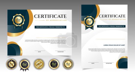 Illustration for Black and gold certificate of appreciation border template with luxury badge and modern line and shapes. For award, business, and education needs. Diploma vector template - Royalty Free Image
