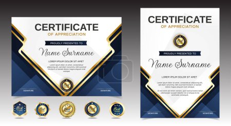 Modèle de certificat d'achèvement avec badge de luxe et ligne et formes modernes. Certificat horizontal Pour les besoins de prix, d'affaires et d'éducation. Modèle de vecteur de diplôme