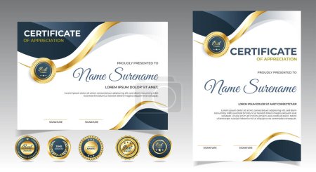 Illustration for Certificates of completion template with luxury badge and modern line and shapes. Horizontal certificate For award, business, and education needs. Diploma vector template - Royalty Free Image
