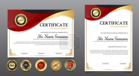 Modèle de certificat d'appréciation, couleur or et rouge. Certificat moderne propre avec badge en or. Modèle de frontière de certificat avec le luxe et le modèle de ligne moderne. Modèle de vecteur de diplôme