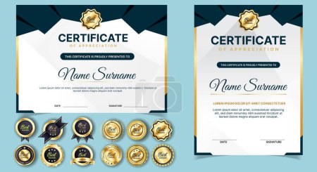 Illustration for Black and gold certificate of appreciation border template with luxury badge and modern line and shapes. For award, business, and education needs. Diploma vector template - Royalty Free Image