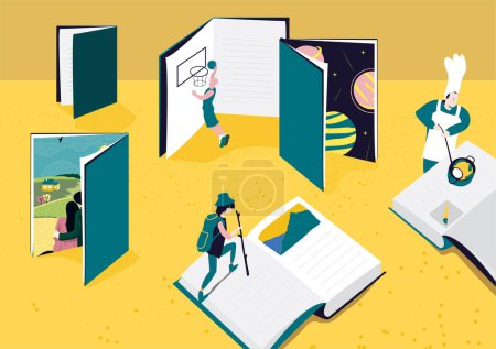 Photo for Open books concept of people reading books, knowledge and creative imagination in abstract fantasy fairytale literature world, experience and wisdom from books. vector illustration background. - Royalty Free Image