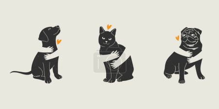 Ilustración de Gato doméstico y perro silueta mínima simple. manos humanas abrazando al animal. logo icono infografía veterinaria, refugio para mascotas, adopción de mascotas y caridad animal - Imagen libre de derechos