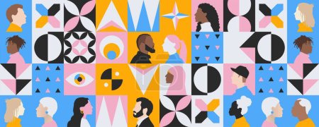 Illustration for Creative modern background of diversity inclusion communication in multicultural community group. illustration of abstract people from different cultures and age - Royalty Free Image