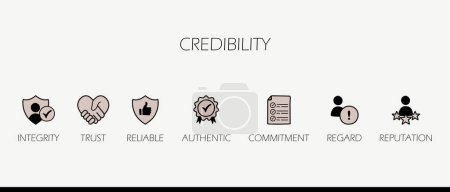 Illustration for Hand drawn credibility icon infographic symbol set. banner of credibility, integrity, trust, reliable, commitment, regard, reputation - Royalty Free Image