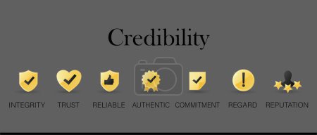 Téléchargez les illustrations : Gold credibility icon infographic symbol set. banner of credibility, integrity, trust, reliable, commitment, regard, reputation. credibility award, quality star, best trophy symbol. - en licence libre de droit
