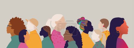 Téléchargez les illustrations : Groupe de femmes multiculturelles et multiethniques visage silhouette de profil. Concept d'égalité raciale, d'amitié et de communauté féminine - en licence libre de droit