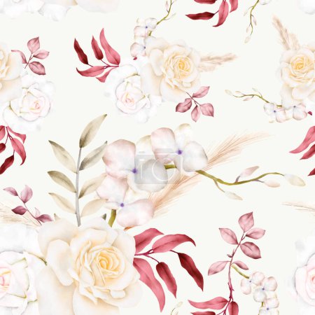 Illustration for Vintage boho watercolor floral seamless pattern with flower and pampas - Royalty Free Image