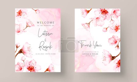 Ilustración de Beautiful wedding invitation card with sweet cherry blossom flower - Imagen libre de derechos