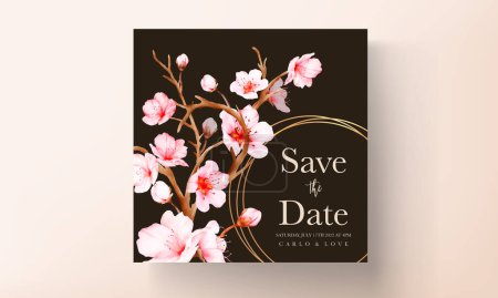 Illustration for Beautiful pink cherry blossom floral watercolor invitation card - Royalty Free Image