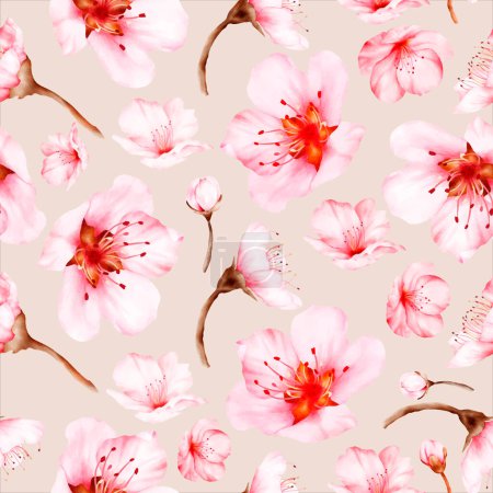 Téléchargez les illustrations : Beautiful cherry blossom watercolor floral seamless pattern - en licence libre de droit
