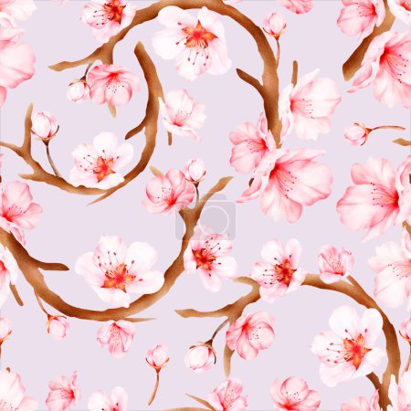 Ilustración de Beautiful cherry blossom watercolor floral seamless pattern - Imagen libre de derechos