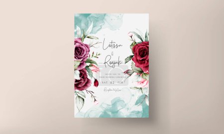 Téléchargez les illustrations : Vintage wedding invitation card set with maroon roses watercolor - en licence libre de droit