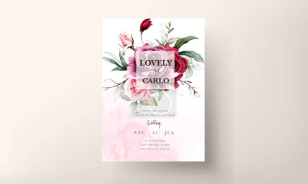 Illustration for Vintage wedding invitation card set with maroon roses watercolor - Royalty Free Image