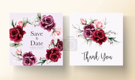 Ilustración de Elegant red roses watercolor wedding invitation card set - Imagen libre de derechos