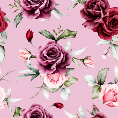 Illustration for Elegant watercolor maroon roses flower seamless pattern - Royalty Free Image
