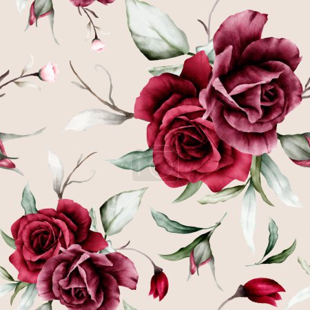 Illustration for Elegant watercolor maroon roses flower seamless pattern - Royalty Free Image