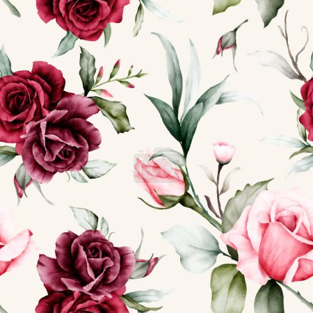 Téléchargez les illustrations : Elegant watercolor maroon roses flower seamless pattern - en licence libre de droit