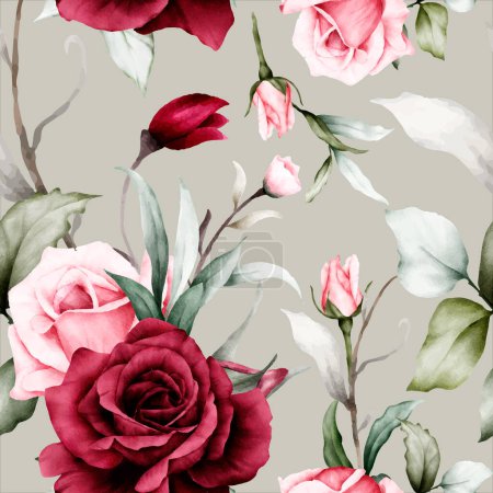 Téléchargez les illustrations : Elegant watercolor maroon roses flower seamless pattern - en licence libre de droit