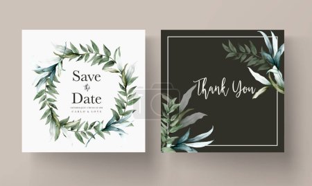 Téléchargez les illustrations : Élégant vintage feuilles aquarelle mariage invitation carte ensemble - en licence libre de droit