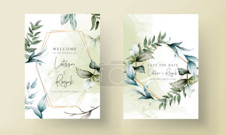 Illustration for Elegant vintage leaves watercolor wedding invitation card set - Royalty Free Image