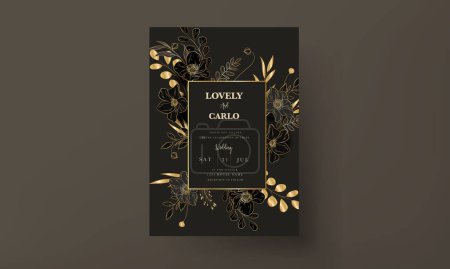 Téléchargez les illustrations : Élégante carte minimaliste d'invitation de mariage avec luxe floral or - en licence libre de droit