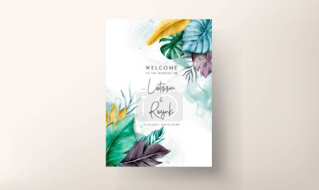 Illustration for Exotic tropical leaves watercolor wedding invitation card set - Royalty Free Image