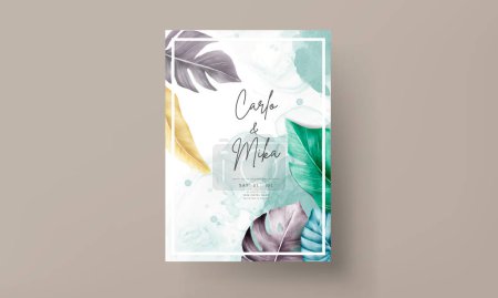 Illustration for Invitation card set with colorful tropical leaves - Royalty Free Image