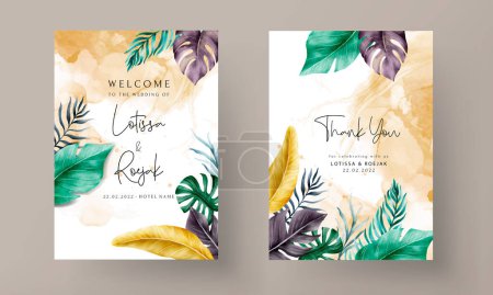 Ilustración de Juego de tarjetas de invitación con hojas tropicales coloridas - Imagen libre de derechos