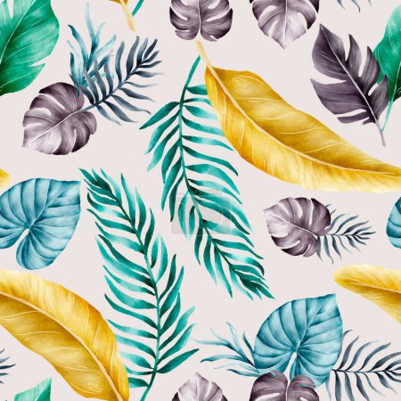 Téléchargez les illustrations : Beau motif sans couture aquarelle de feuilles tropicales colorées - en licence libre de droit