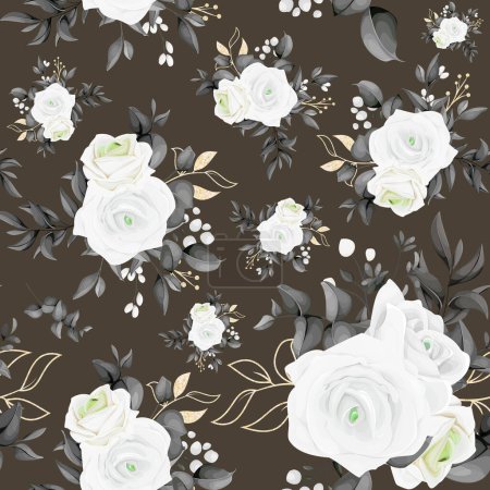Ilustración de Un patrón floral blanco y negro sin costuras con rosas y hojas blancas. - Imagen libre de derechos