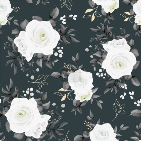 Ilustración de Un patrón floral blanco y negro sin costuras con rosas y hojas blancas. - Imagen libre de derechos