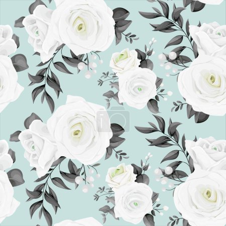 Illustration for A black and white floral seamless pattern with white roses and leaves. - Royalty Free Image