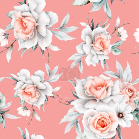 Illustration for Vintage seamless pattern of beige roses with leaves and flowers - Royalty Free Image