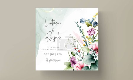 Téléchargez les illustrations : Carte d'invitation de mariage avec des fleurs et des feuilles aquarelle - en licence libre de droit