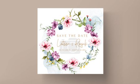 Téléchargez les illustrations : Belle carte d'invitation de mariage avec fleur et feuilles aquarelle - en licence libre de droit