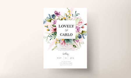 Ilustración de Hermosa tarjeta de invitación de boda con flor y hojas acuarela - Imagen libre de derechos