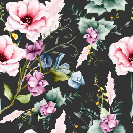 Téléchargez les illustrations : Motif floral sans couture avec des fleurs roses et violettes - en licence libre de droit