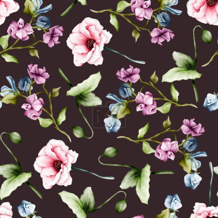 Ilustración de Patrón floral sin costuras con flores rosa y púrpura - Imagen libre de derechos